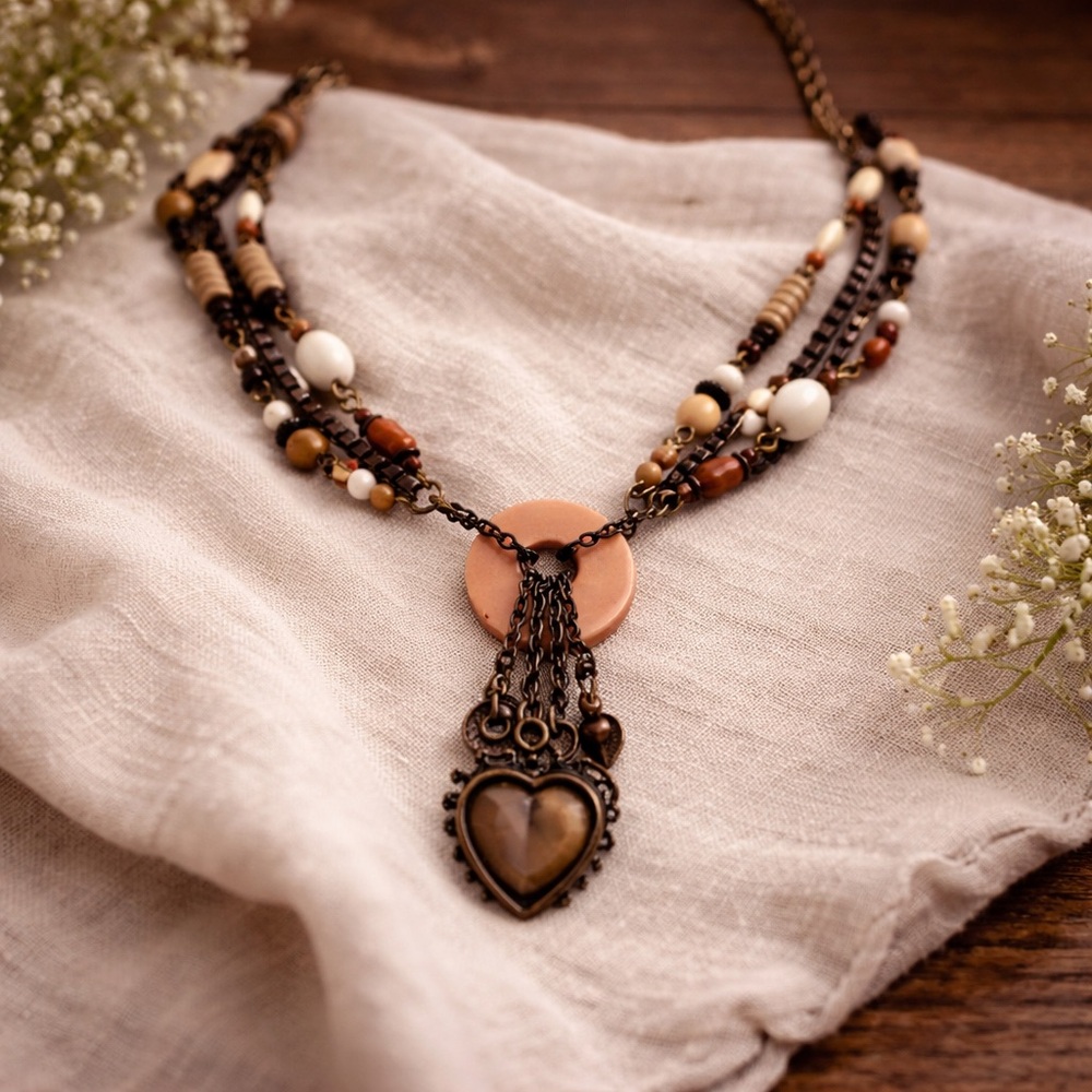 Bohemian‎ Chic Multi-Colored Beaded Amber Colored Heart Pendant Necklace.